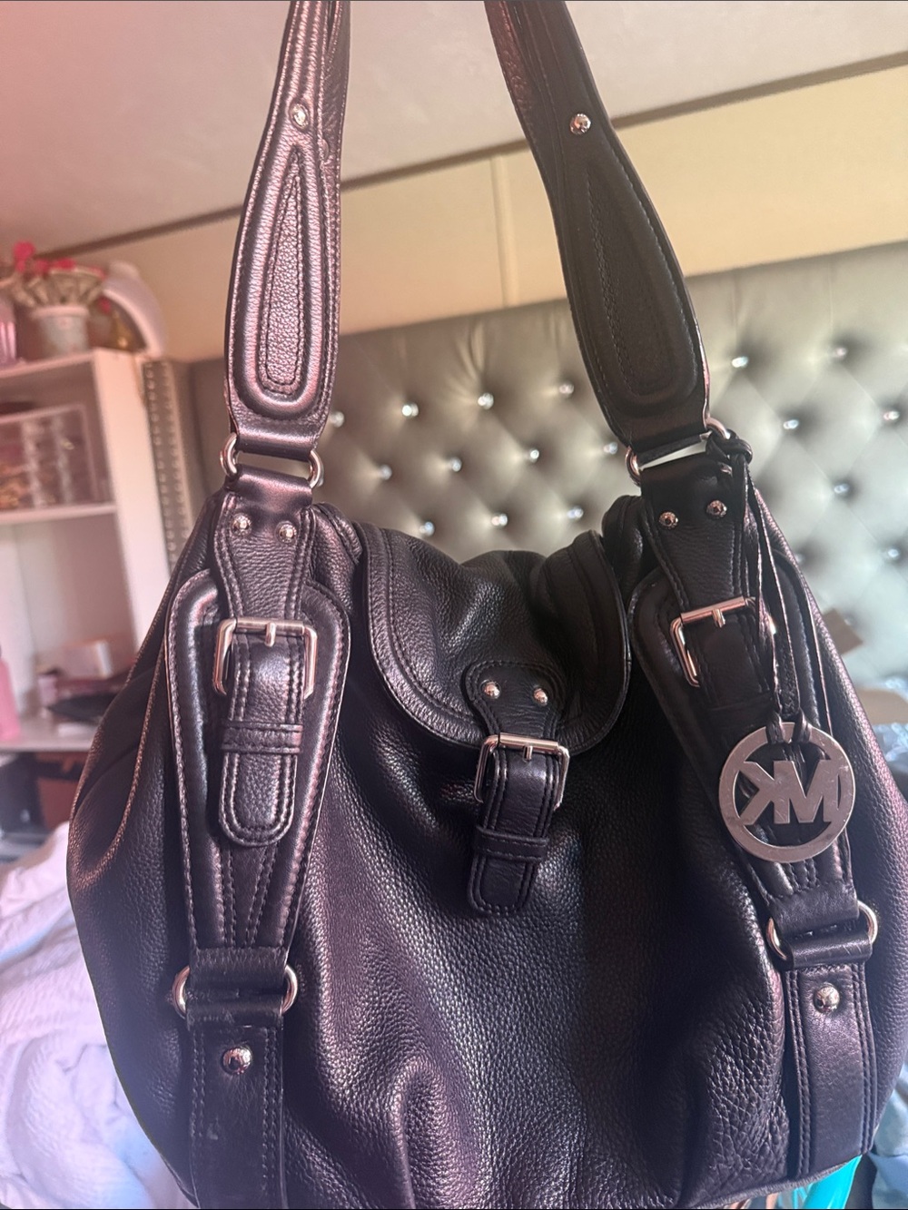 Michael Kors Black Pebbled Leather Shoulder Hobo with MK Charm